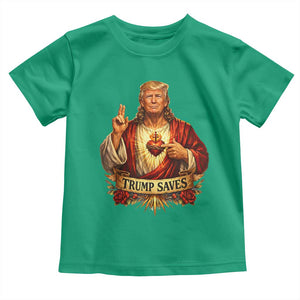 Trump Saves Sacred Heart Religious Parody Toddler T Shirt Jesus-Like Devine Leader Political Satire TS02 Irish Green Print Your Wear