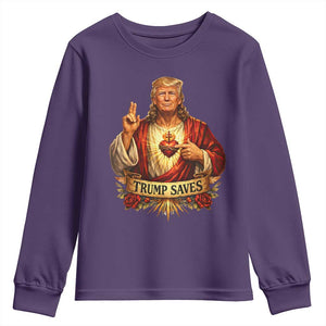 Trump Saves Sacred Heart Religious Parody Youth Sweatshirt Jesus-Like Devine Leader Political Satire TS02 Purple Print Your Wear