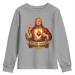 Trump Saves Sacred Heart Religious Parody Youth Sweatshirt Jesus-Like Devine Leader Political Satire TS02 Sport Gray Print Your Wear