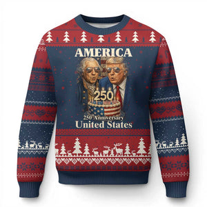 USA 250th Anniversary George Washington and Trump Birthday Cake Ugly Christmas Sweater 250 Years 1776 2026 Patriotic Celebration TS02 Navy Red Print Your Wear
