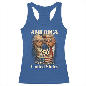 USA 250th Anniversary George Washington and Trump Birthday Cake Racerback Tank Top 250 Years 1776 2026 Patriotic Celebration TS02 Royal Blue Print Your Wear