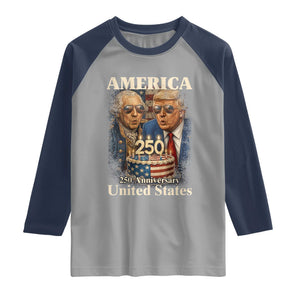 USA 250th Anniversary George Washington and Trump Birthday Cake Raglan Shirt 250 Years 1776 2026 Patriotic Celebration TS02 Sport Gray Navy Print Your Wear
