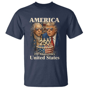 USA 250th Anniversary George Washington and Trump Birthday Cake T Shirt 250 Years 1776 2026 Patriotic Celebration TS02 Navy Print Your Wear
