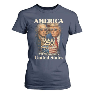 USA 250th Anniversary George Washington and Trump Birthday Cake T Shirt For Women 250 Years 1776 2026 Patriotic Celebration TS02 Navy Print Your Wear