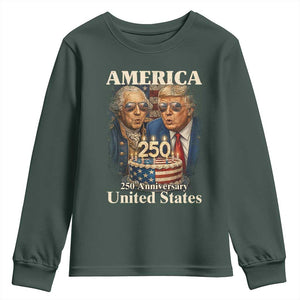 USA 250th Anniversary George Washington and Trump Birthday Cake Youth Sweatshirt 250 Years 1776 2026 Patriotic Celebration TS02 Dark Forest Green Print Your Wear