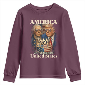 USA 250th Anniversary George Washington and Trump Birthday Cake Youth Sweatshirt 250 Years 1776 2026 Patriotic Celebration TS02 Maroon Print Your Wear