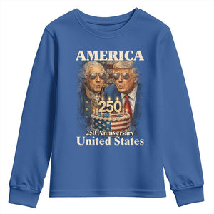 USA 250th Anniversary George Washington and Trump Birthday Cake Youth Sweatshirt 250 Years 1776 2026 Patriotic Celebration TS02 Royal Blue Print Your Wear