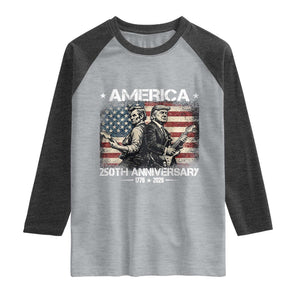 250th Anniversary Abraham Lincoln and Trump Rocking Raglan Shirt Rock n Roll Electric Guitar Duel Patriotic 1776-2026 TS02 Heather Gray Heather Charcoal Print Your Wear