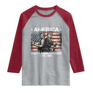 250th Anniversary Abraham Lincoln and Trump Rocking Raglan Shirt Rock n Roll Electric Guitar Duel Patriotic 1776-2026 TS02 Heather Gray Heather Red Print Your Wear