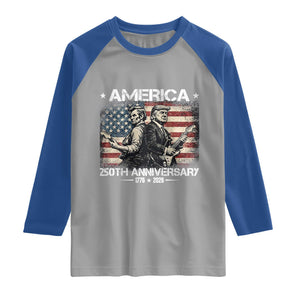 250th Anniversary Abraham Lincoln and Trump Rocking Raglan Shirt Rock n Roll Electric Guitar Duel Patriotic 1776-2026 TS02 Sport Gray Royal Print Your Wear