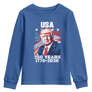 USA 250 Years 1776-2026 Trump Patriotic Portrait Youth Sweatshirt American Flag Semiquincentennial Celebration TS02 Royal Blue Print Your Wear