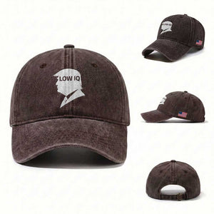 Low IQ Political Silhouette Profile Humor Washed Cotton Baseball Cap Satirical Politics Subtle Hate TS02 Washed Cap Universal Fit Dark Brown Print Your Wear