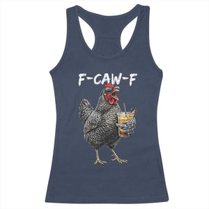 F-CAW-F Sarcastic Chicken Drinking Coffee Racerback Tank Top Funny Morning Mood Grumpy Hen Iced Coffee Lover TS02 Navy Print Your Wear