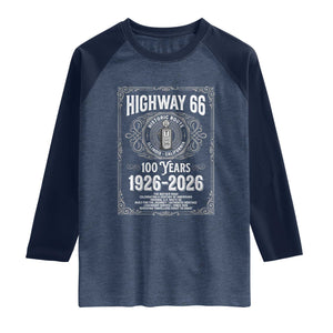 Historic Mother Road Highway 66 Raglan Shirt Centennial 1926-2026 Classic Gas Pump Filigree Graphic TS02 Heather Denim Navy Print Your Wear