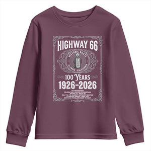 Historic Mother Road Highway 66 Youth Sweatshirt Centennial 1926-2026 Classic Gas Pump Filigree Graphic TS02 Maroon Print Your Wear