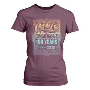 America Highway 66 100 Years Centennial 1926-2026 T Shirt For Women Retro Desert Horizon The Mother Road Colorful Graphic TS02 Maroon Print Your Wear