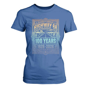 America Highway 66 100 Years Centennial 1926-2026 T Shirt For Women Retro Desert Horizon The Mother Road Colorful Graphic TS02 Royal Blue Print Your Wear