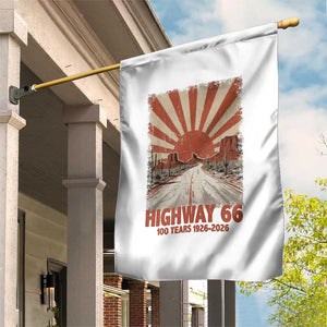Highway 66 Main Street of America Sunset Horizon Garden Flag Centennial 1926-2026 Retro Desert Sunburst Graphic TS02 Print Your Wear