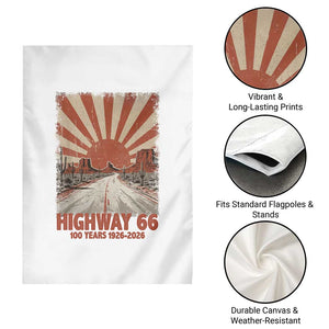 Highway 66 Main Street of America Sunset Horizon Garden Flag Centennial 1926-2026 Retro Desert Sunburst Graphic TS02 Print Your Wear