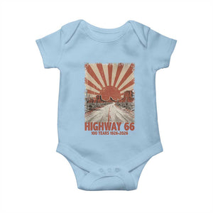 Highway 66 Main Street of America Sunset Horizon Baby Onesie Centennial 1926-2026 Retro Desert Sunburst Graphic TS02 Light Blue Print Your Wear