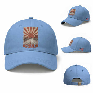 Highway 66 Main Street of America Sunset Horizon Baseball Cap Centennial 1926-2026 Retro Desert Sunburst Graphic TS02 Baseball Cap Universal Fit Light Blue Print Your Wear