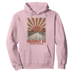 Highway 66 Main Street of America Sunset Horizon Hoodie Centennial 1926-2026 Retro Desert Sunburst Graphic TS02 Light Pink Print Your Wear