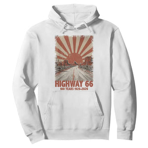 Highway 66 Main Street of America Sunset Horizon Hoodie Centennial 1926-2026 Retro Desert Sunburst Graphic TS02 White Print Your Wear