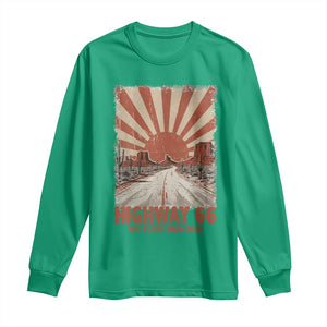 Highway 66 Main Street of America Sunset Horizon Long Sleeve Shirt Centennial 1926-2026 Retro Desert Sunburst Graphic TS02 Irish Green Print Your Wear