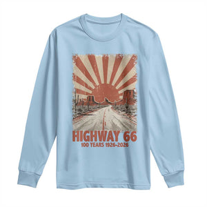 Highway 66 Main Street of America Sunset Horizon Long Sleeve Shirt Centennial 1926-2026 Retro Desert Sunburst Graphic TS02 Light Blue Print Your Wear