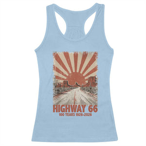 Highway 66 Main Street of America Sunset Horizon Racerback Tank Top Centennial 1926-2026 Retro Desert Sunburst Graphic TS02 Light Blue Print Your Wear