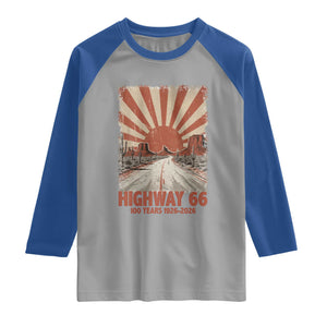 Highway 66 Main Street of America Sunset Horizon Raglan Shirt Centennial 1926-2026 Retro Desert Sunburst Graphic TS02 Sport Gray Royal Print Your Wear