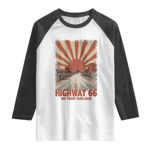Highway 66 Main Street of America Sunset Horizon Raglan Shirt Centennial 1926-2026 Retro Desert Sunburst Graphic TS02 White Heather Charcoal Print Your Wear