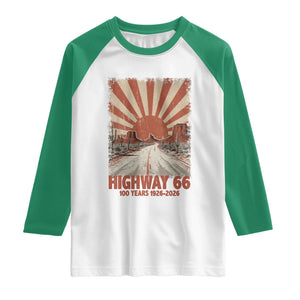Highway 66 Main Street of America Sunset Horizon Raglan Shirt Centennial 1926-2026 Retro Desert Sunburst Graphic TS02 White Kelly Green Print Your Wear