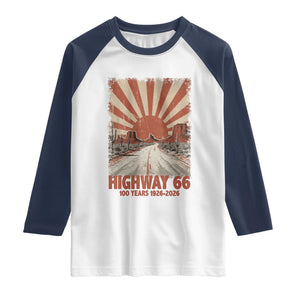 Highway 66 Main Street of America Sunset Horizon Raglan Shirt Centennial 1926-2026 Retro Desert Sunburst Graphic TS02 White Navy Print Your Wear