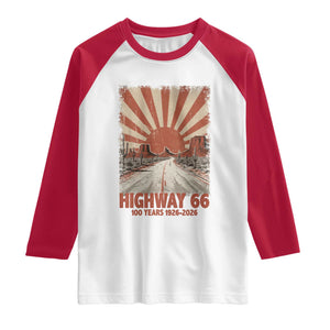 Highway 66 Main Street of America Sunset Horizon Raglan Shirt Centennial 1926-2026 Retro Desert Sunburst Graphic TS02 White Red Print Your Wear