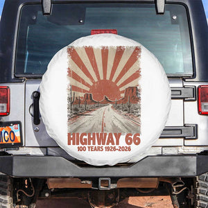 Highway 66 Main Street of America Sunset Horizon Spare Tire Cover Centennial 1926-2026 Retro Desert Sunburst Graphic TS02 No hole White Print Your Wear