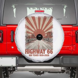 Highway 66 Main Street of America Sunset Horizon Spare Tire Cover Centennial 1926-2026 Retro Desert Sunburst Graphic TS02 White Print Your Wear