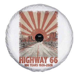 Highway 66 Main Street of America Sunset Horizon Spare Tire Cover Centennial 1926-2026 Retro Desert Sunburst Graphic TS02 Print Your Wear