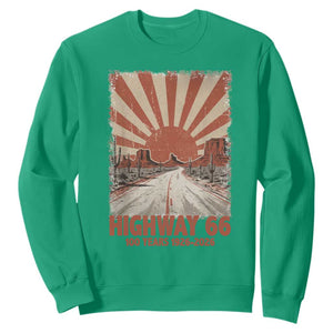 Highway 66 Main Street of America Sunset Horizon Sweatshirt Centennial 1926-2026 Retro Desert Sunburst Graphic TS02 Irish Green Print Your Wear