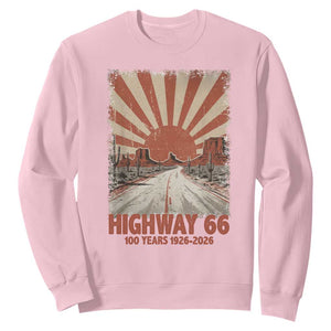 Highway 66 Main Street of America Sunset Horizon Sweatshirt Centennial 1926-2026 Retro Desert Sunburst Graphic TS02 Light Pink Print Your Wear