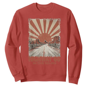 Highway 66 Main Street of America Sunset Horizon Sweatshirt Centennial 1926-2026 Retro Desert Sunburst Graphic TS02 Red Print Your Wear