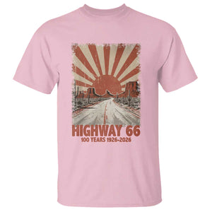 Highway 66 Main Street of America Sunset Horizon T Shirt Centennial 1926-2026 Retro Desert Sunburst Graphic TS02 Light Pink Print Your Wear