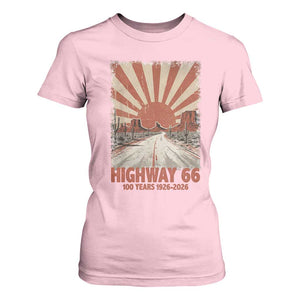 Highway 66 Main Street of America Sunset Horizon T Shirt For Women Centennial 1926-2026 Retro Desert Sunburst Graphic TS02 Light Pink Print Your Wear