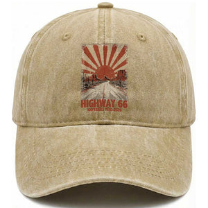 Highway 66 Main Street of America Sunset Horizon Washed Cotton Baseball Cap Centennial 1926-2026 Retro Desert Sunburst Graphic TS02 Print Your Wear
