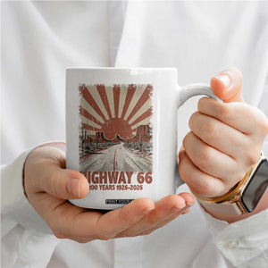Highway 66 Main Street of America Sunset Horizon Coffee Mug Centennial 1926-2026 Retro Desert Sunburst Graphic TS02 Print Your Wear