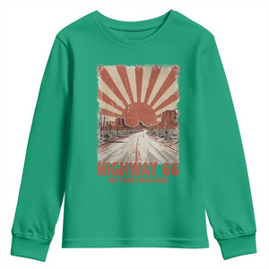 Highway 66 Main Street of America Sunset Horizon Youth Sweatshirt Centennial 1926-2026 Retro Desert Sunburst Graphic TS02 Irish Green Print Your Wear