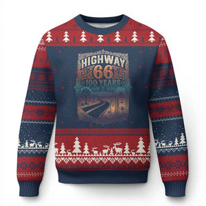 Highway 66 100 Years of the Mother Road Ugly Christmas Sweater Centennial 1926-2026 Desert Oasis Retro Rainbow Graphic TS02 Navy Red Print Your Wear