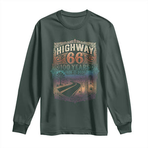 Highway 66 100 Years of the Mother Road Long Sleeve Shirt Centennial 1926-2026 Desert Oasis Retro Rainbow Graphic TS02 Dark Forest Green Print Your Wear