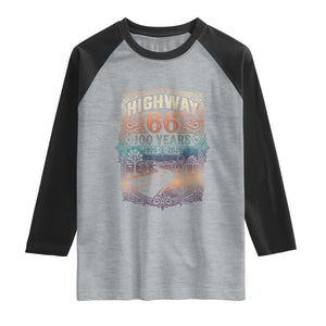 Highway 66 100 Years of the Mother Road Raglan Shirt Centennial 1926-2026 Desert Oasis Retro Rainbow Graphic TS02 Heather Gray Black Print Your Wear
