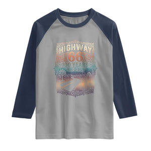 Highway 66 100 Years of the Mother Road Raglan Shirt Centennial 1926-2026 Desert Oasis Retro Rainbow Graphic TS02 Sport Gray Navy Print Your Wear